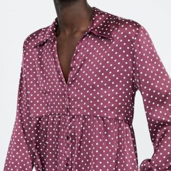 Zara Satin Burgundy Red Polka Dot Button Down Long Sleeve Tunic Top - Picture 5 of 7